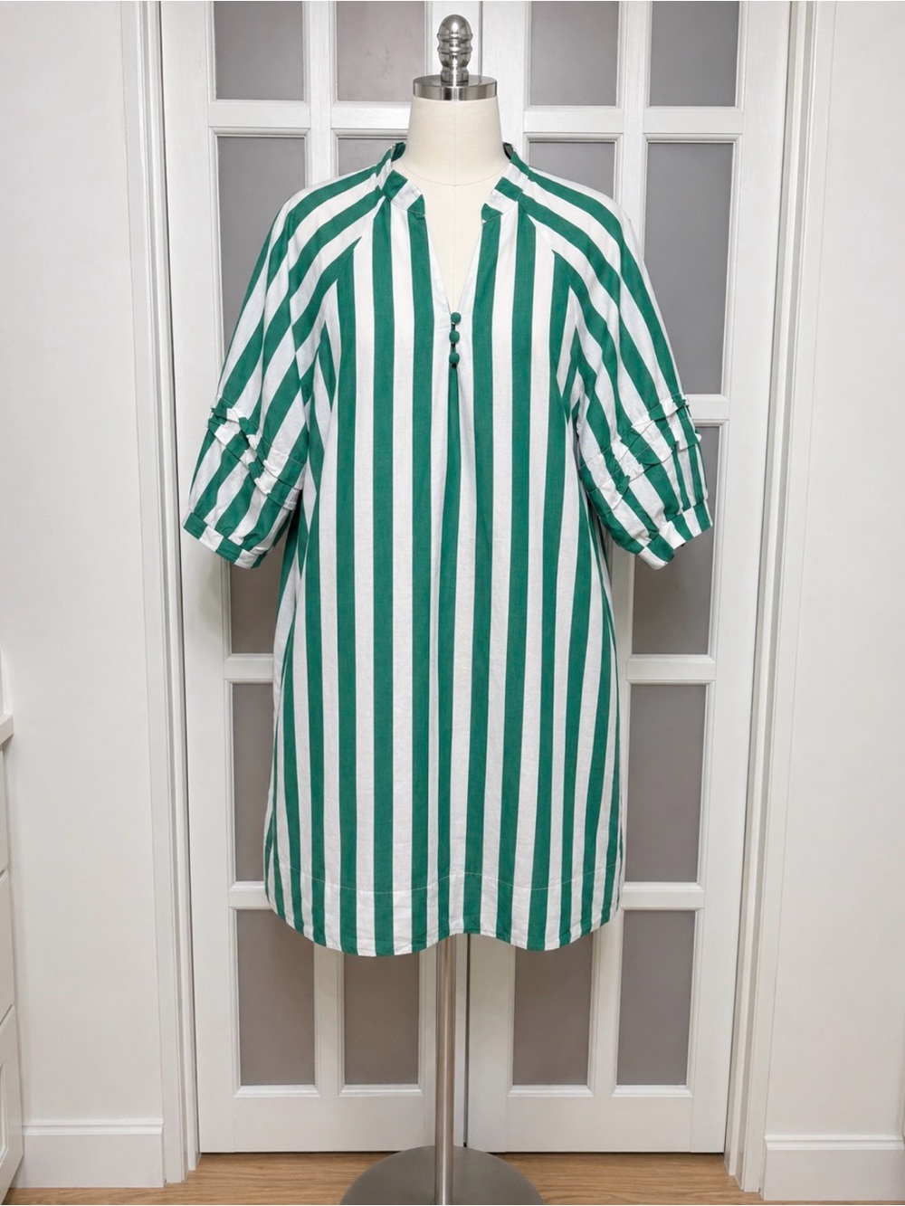 Cotton Stripe Shirt Dress Green White Beach Cover Up Resort M/L